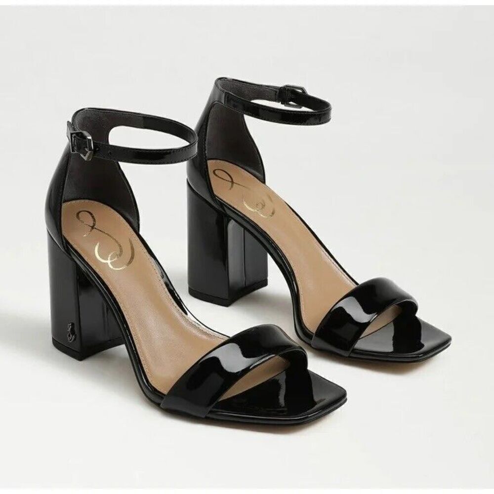 Sam Edelman Yaro Block Heel Sandals Women 10.5 Black Patent Ankle Strap Shoes